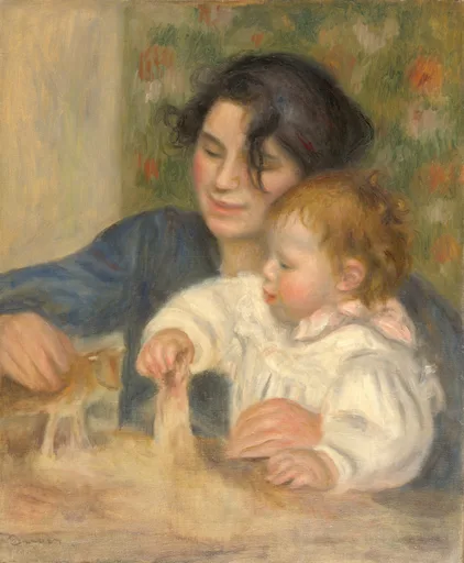 A dark-haired young woman watching a curly-haired toddler in a white gown play with a toy horse, in soft green, cream, and blue