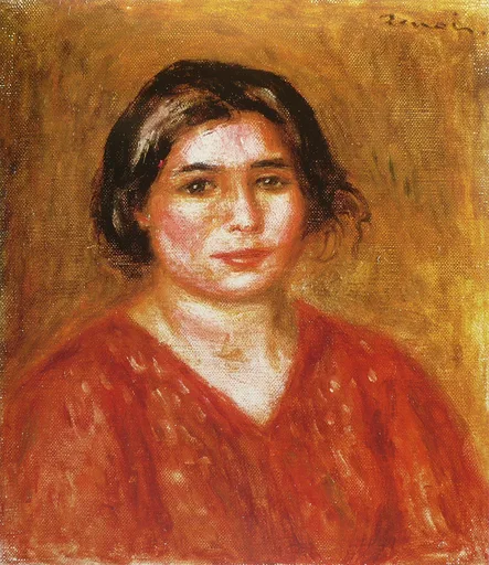 A dark-haired woman in a red v-neck blouse gazing forward with a brightly lit face, against a golden ochre background