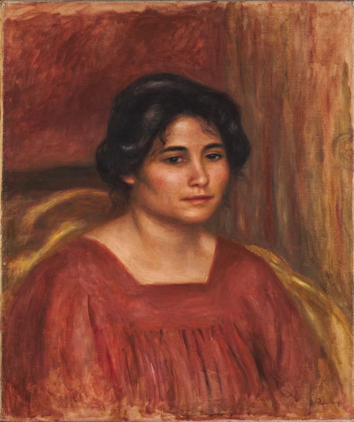 A dark-haired woman in a red smocked dress seated before a red curtain, her gaze lowered, in deep red and ochre tones