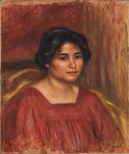 A dark-haired woman in a red smocked dress seated before a red curtain, her gaze lowered, in deep red and ochre tones