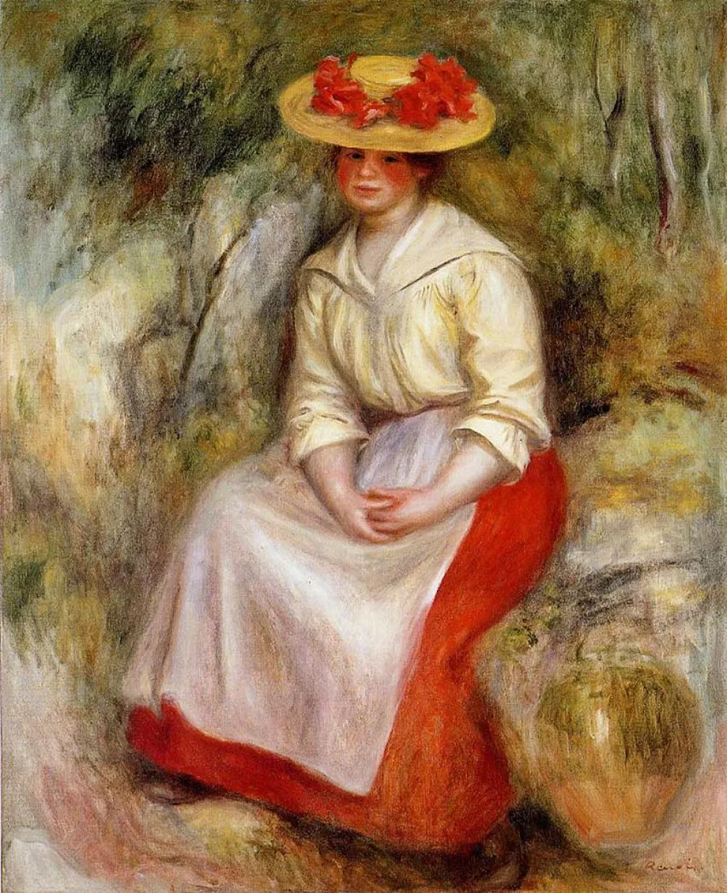 A woman in a straw hat trimmed with red flowers, wearing a white blouse and skirt over a red underskirt, seated in a garden