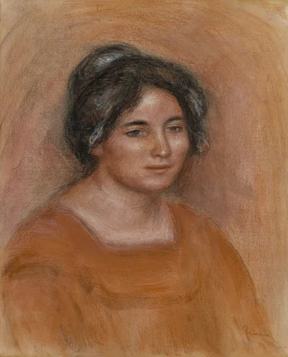 A dark-haired woman in an orange dress gazing downward, rendered in soft sienna and terracotta tones throughout