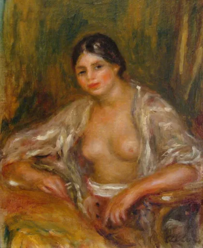 A dark-haired woman seated with an open sheer blouse, resting her arms on a chair back, in warm ochre and green tones