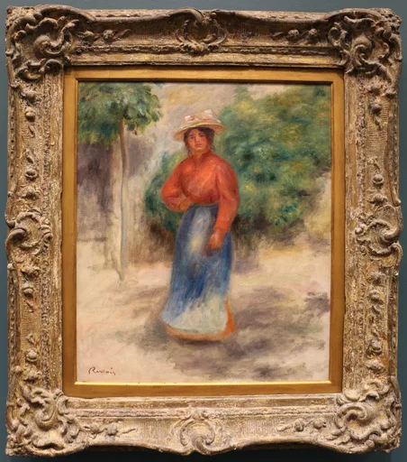 A woman in a straw hat, red blouse, and blue skirt standing on a garden path amid green foliage, in warm orange and blue tones