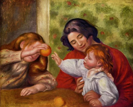 A woman in a red dress holds a red-haired toddler reaching for an orange offered by another child, against a green floral wall