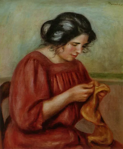 A dark-haired woman in a red dress bent over a piece of yellow fabric she is mending, against a pale green background