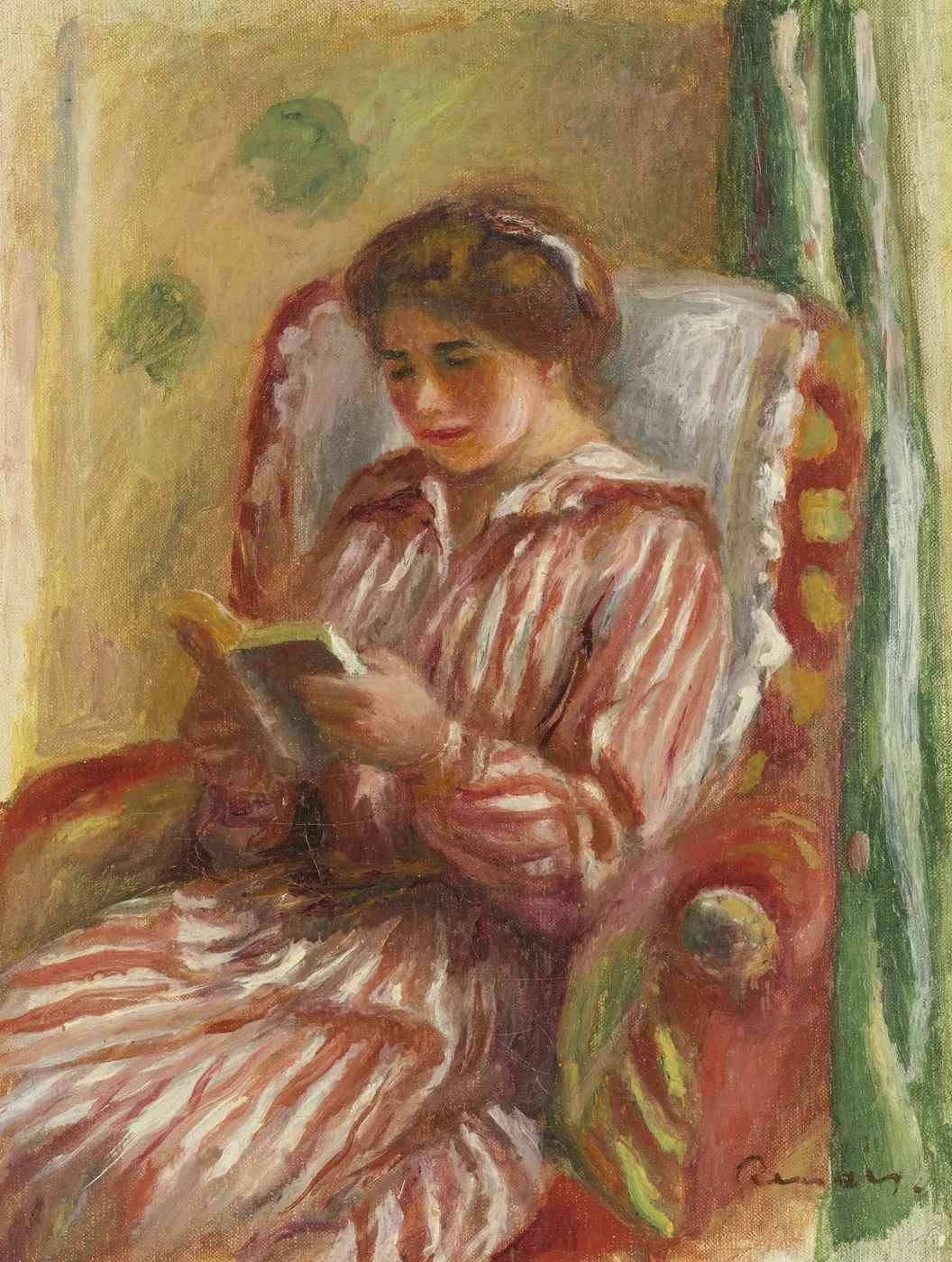 A woman in a pink striped dress seated in an armchair, absorbed in reading a book, in warm rose and green tones