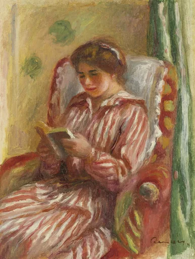 A woman in a pink striped dress seated in an armchair, absorbed in reading a book, in warm rose and green tones