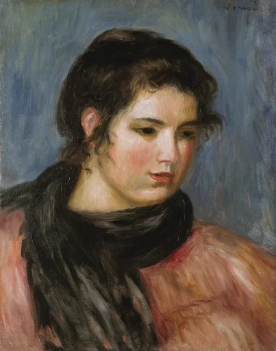 A dark-haired woman with a black scarf around her neck, looking downward in a pink blouse, against a slate blue background