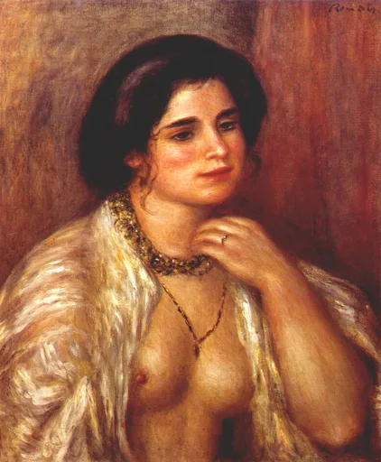 A dark-haired woman with an open white shawl and layered necklaces resting her hand at her chin, in warm reddish brown tones