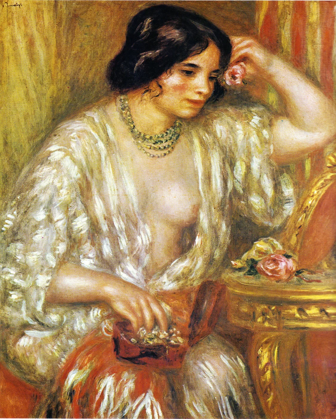 A dark-haired woman wearing beaded necklaces and a loose gown, resting her head on her hand beside roses on a gilded table
