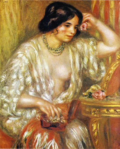 A dark-haired woman wearing beaded necklaces and a loose gown, resting her head on her hand beside roses on a gilded table