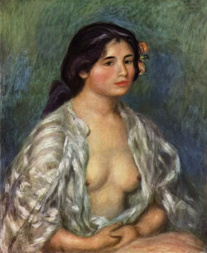A dark-haired woman with a flower behind her ear, her striped blouse open baring her chest, against a green backdrop, in soft blue and cream