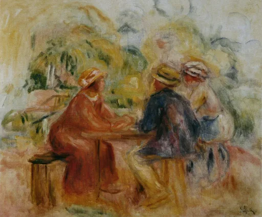 Three figures in hats seated together at a garden table among trees, in warm rust, cream, and soft green