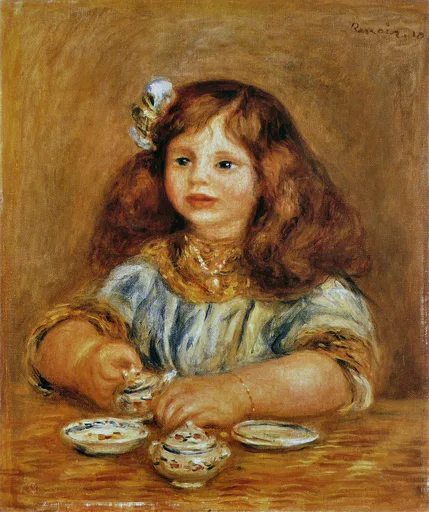 A young girl with long auburn hair and a gold necklace playing with small porcelain dishes on a table, in warm amber tones