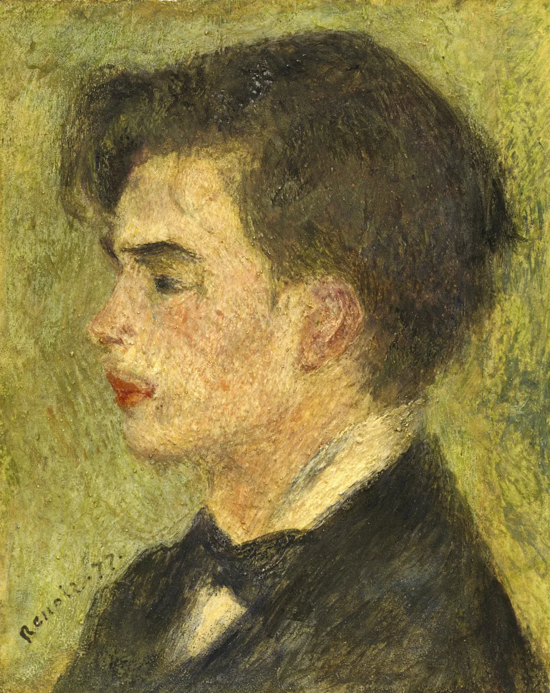 A profile portrait of a young man with dark hair in a black coat and white collar, against a mottled olive-green background