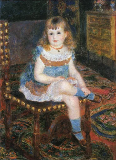A young girl in a blue and white dress with blue stockings, seated cross-legged in a carved chair on a patterned rug, in rich reds and blues