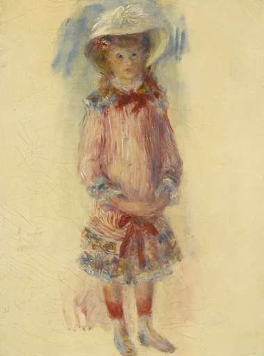 A young girl in a wide white hat and pink dress with a red sash, standing full length against an unfinished cream background