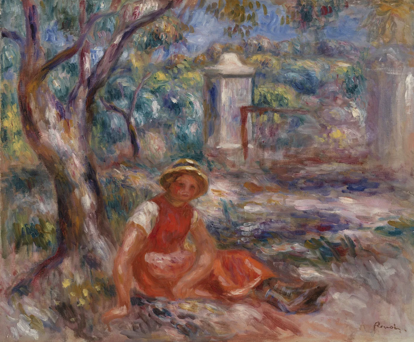 A girl in a straw hat and red dress sitting at the foot of a tree beside a garden path, in soft green and lavender tones