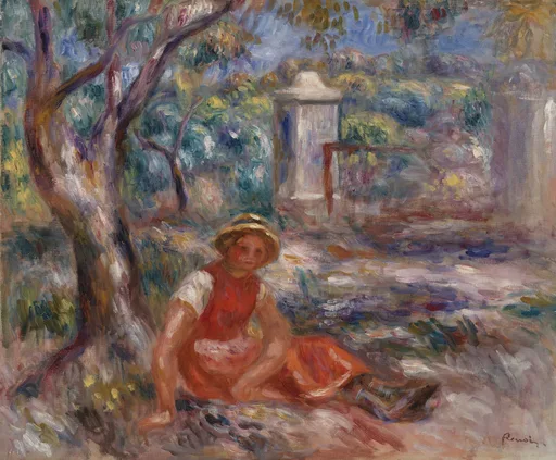 A girl in a straw hat and red dress sitting at the foot of a tree beside a garden path, in soft green and lavender tones