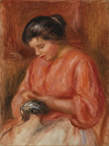 A dark-haired woman in an orange blouse bent over needlework held in her hands, in warm terracotta and rust tones