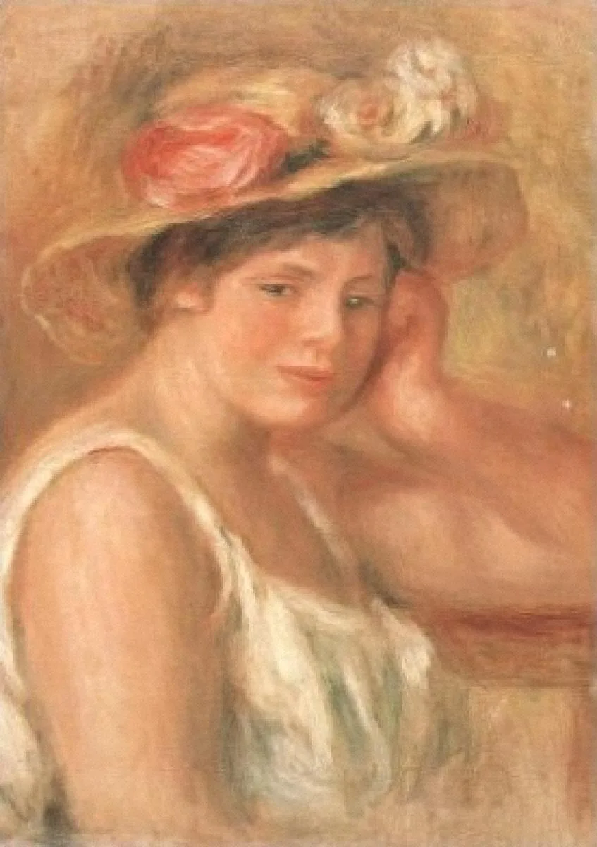 A young woman rests her head on her hand, wearing a straw hat trimmed with pink and white roses, in warm ochre tones.