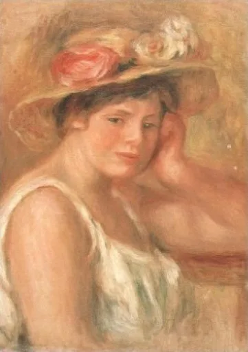 A young woman rests her head on her hand, wearing a straw hat trimmed with pink and white roses, in warm ochre tones.