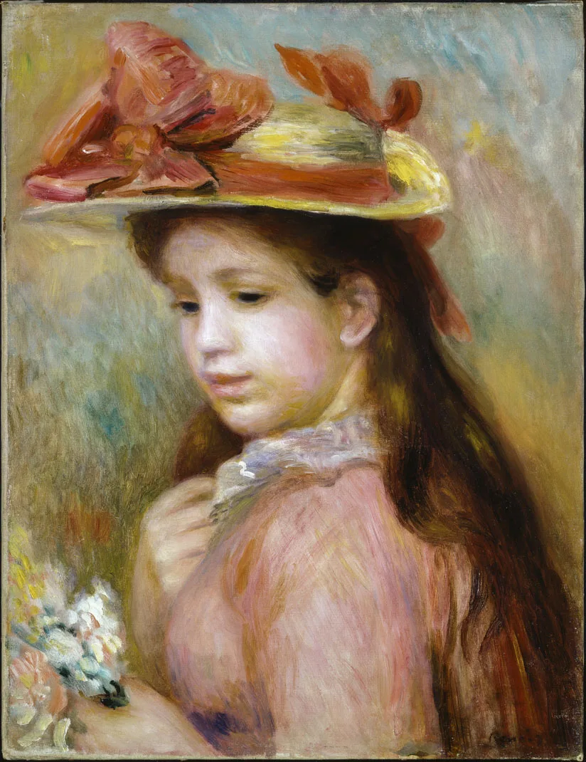 A girl in a straw hat trimmed with a pink bow holds white flowers, her long hair falling over a pink dress.
