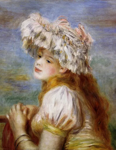 A young woman in profile wears an oversized hat piled with white and pink feathers, hands clasped, blue sky and water behind her.