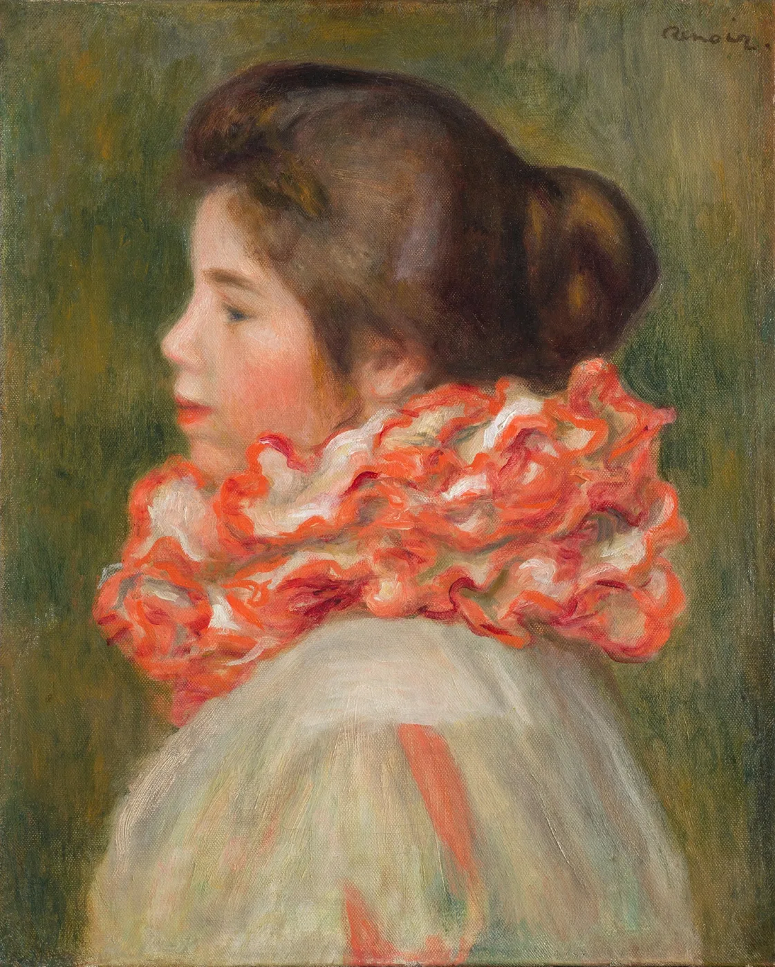 A young woman in profile wearing a ruffled red and white collar around her neck, dark hair pinned up, against an olive green background
