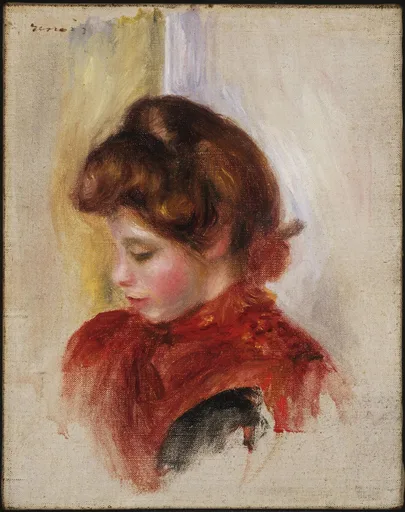 A brown-haired girl in profile with a red scarf at her neck, looking downward against a lightly sketched pale background