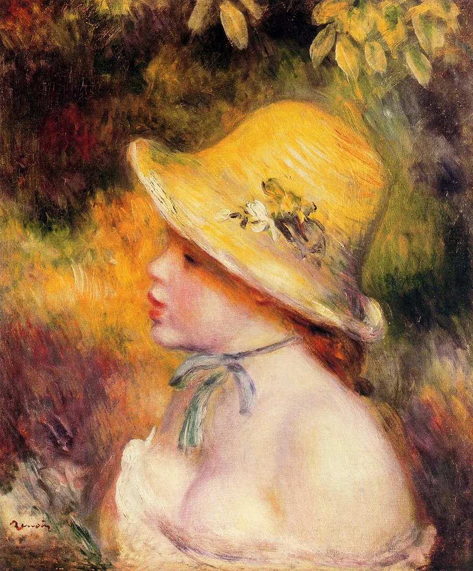 A girl in profile wears a yellow straw hat tied with a green ribbon, her shoulders bare against a golden-green garden.