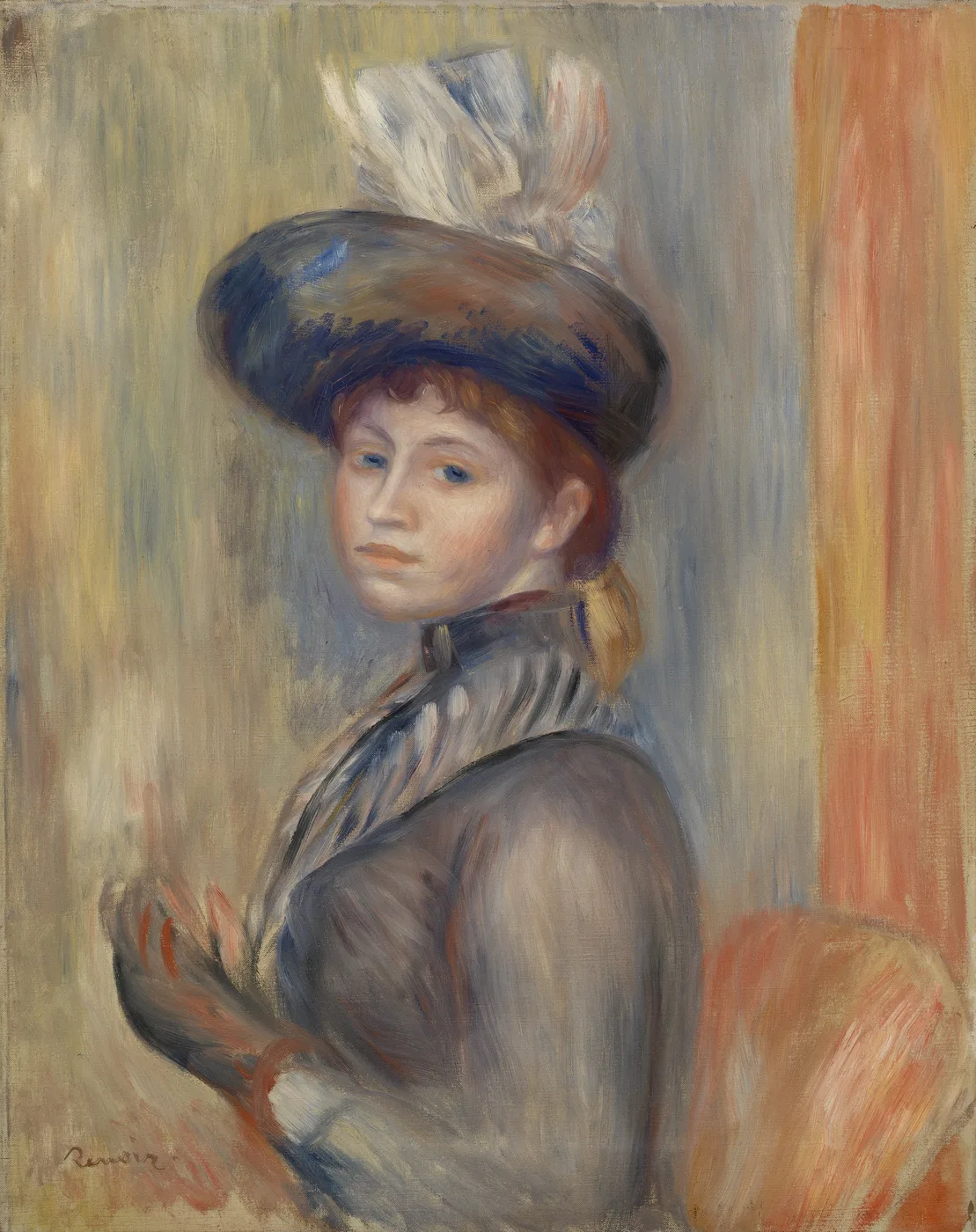 A young woman in a plumed blue hat and grey-blue coat with a striped collar, glancing over her shoulder while wearing gloves