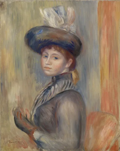 A young woman in a plumed blue hat and grey-blue coat with a striped collar, glancing over her shoulder while wearing gloves