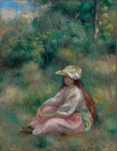 A girl in a straw hat and pink skirt with a white top sits in a lush green landscape, her long hair loose.