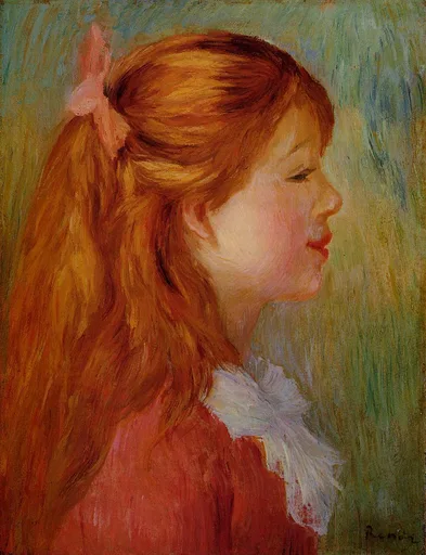 A girl in profile with long red hair tied by a pink ribbon wears a red dress with a white bow, against green.