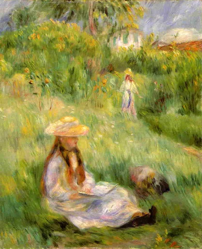 A girl in a straw hat sits reading in a lush green garden, another figure walking near a house in the distance.