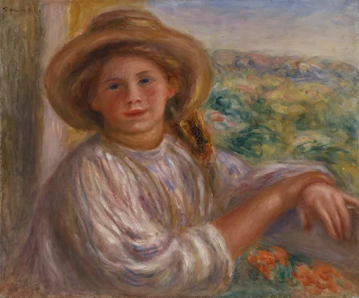 A girl in a wide straw hat and striped blouse leaning on a balcony rail overlooking a green hillside, in soft earth tones