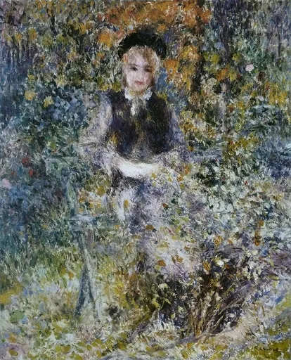 A young woman in a black hat and dark bodice sits on a bench amid dense dappled foliage, in green, gold, and lavender tones