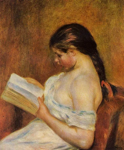 A dark-haired woman with one bare shoulder reads a book, wrapped loosely in white against a warm brown background.
