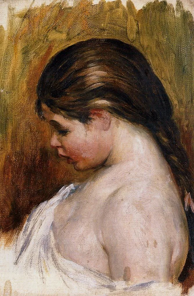 A dark-haired woman with bare shoulders lowers her head, draped in white against an ochre and brown background.