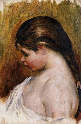 A dark-haired woman with bare shoulders lowers her head, draped in white against an ochre and brown background.