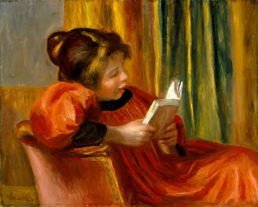 A young woman in a red dress reclining in an armchair, absorbed in reading a book, against striped yellow and green curtains