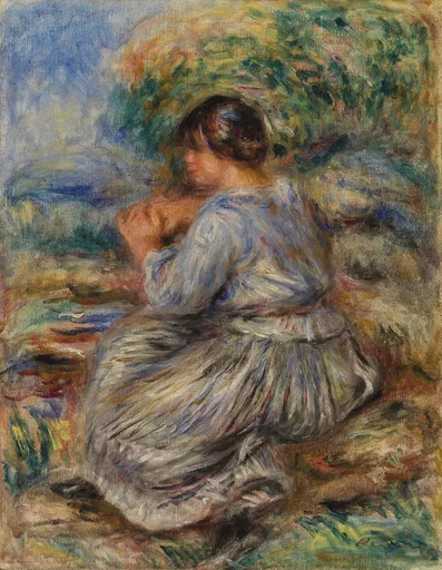 A girl seen from behind seated in a garden wearing a loose blue and white striped dress, surrounded by green and gold foliage