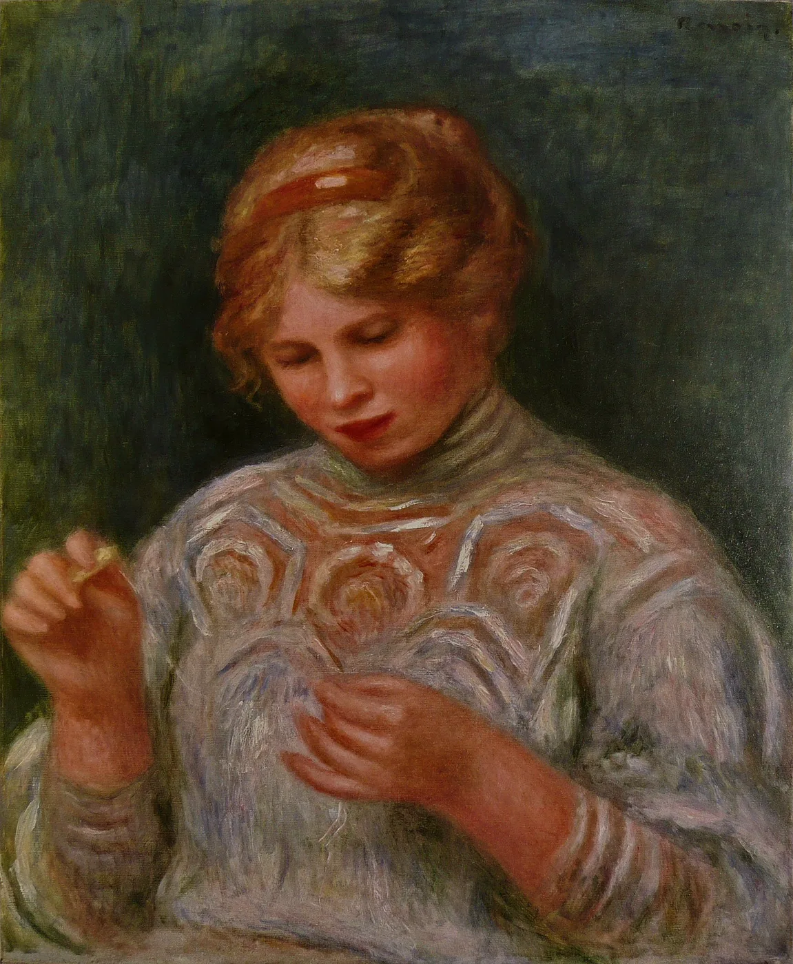 A red-haired girl in a lacy white blouse working delicate tatting with her hands, against a dark green background