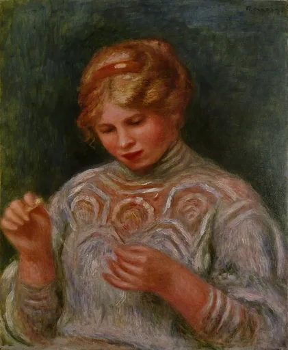 A red-haired girl in a lacy white blouse working delicate tatting with her hands, against a dark green background