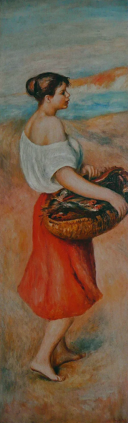 Barefoot young woman with bare shoulders in a red skirt carrying a woven basket of fish along a shoreline