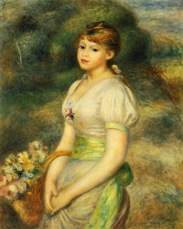 A girl in a white blouse and green sash carries a basket of flowers through a green landscape.