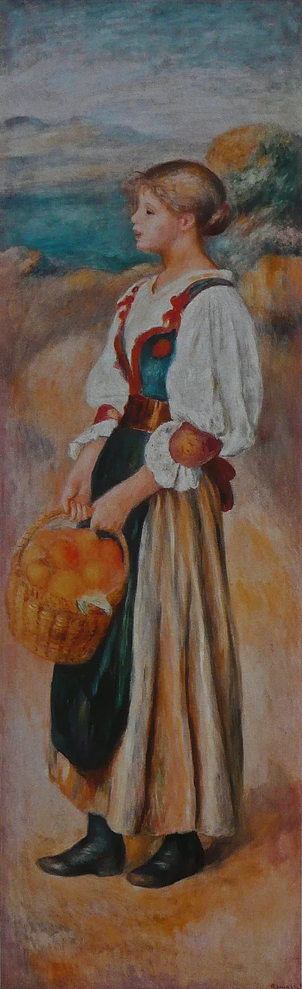 A blonde girl in folk costume with a red-trimmed bodice carrying a basket of oranges, walking along a coastal path