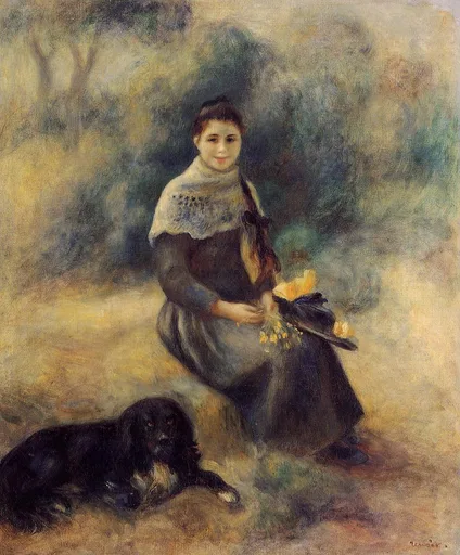 A seated girl in a dark dress and white lace shawl holds a flowered hat, a large black dog resting at her feet.